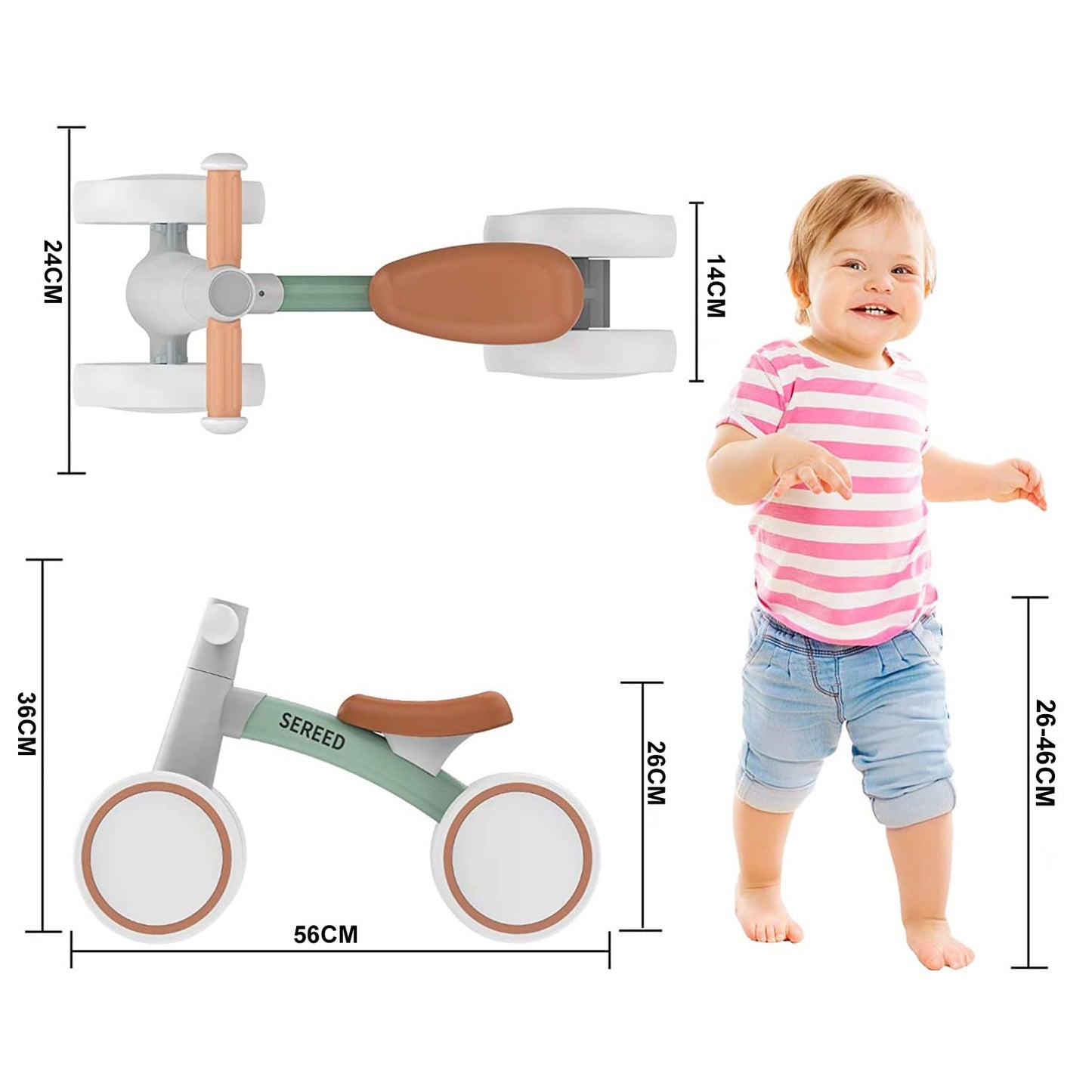 SEREED Kids Balance Bike from 1 year, walking bike toy for 12-24 months baby, first bike without pedals with 4 wheels for boys and girls, toddlers first birthday gift, Green.
