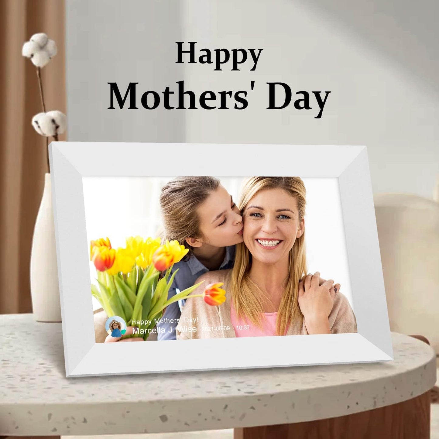 AEEZO 32GB 10.1 inch WiFi Digital Picture Frame, 1280x800 HD IPS Touchscreen, Supports SD card, Automatic rotation, Easy setup for sharing photos and videos.