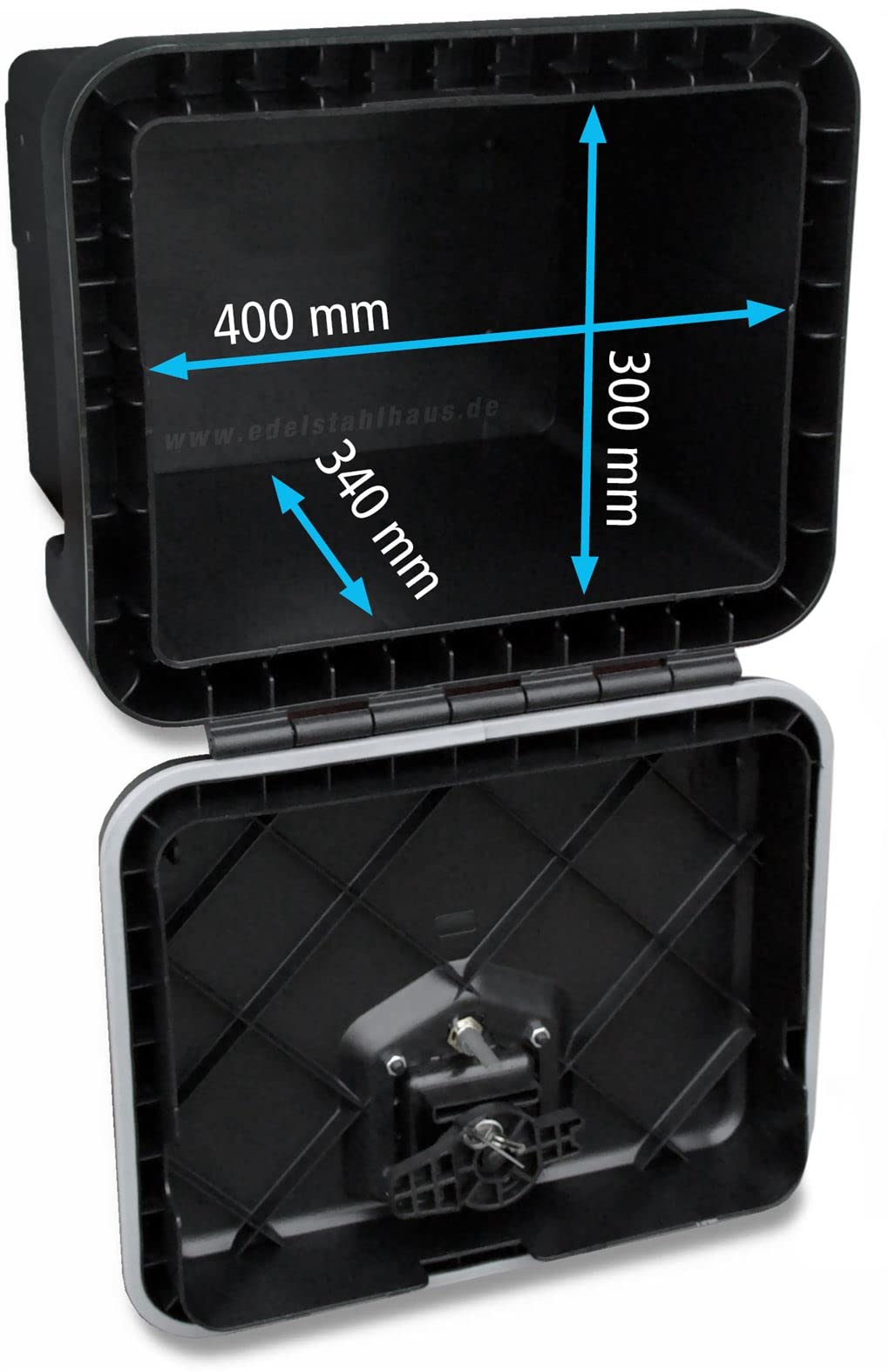Plastic truck storage box 480x400x400mm, 39 ltr, stainless steel tool box, Daken W040.