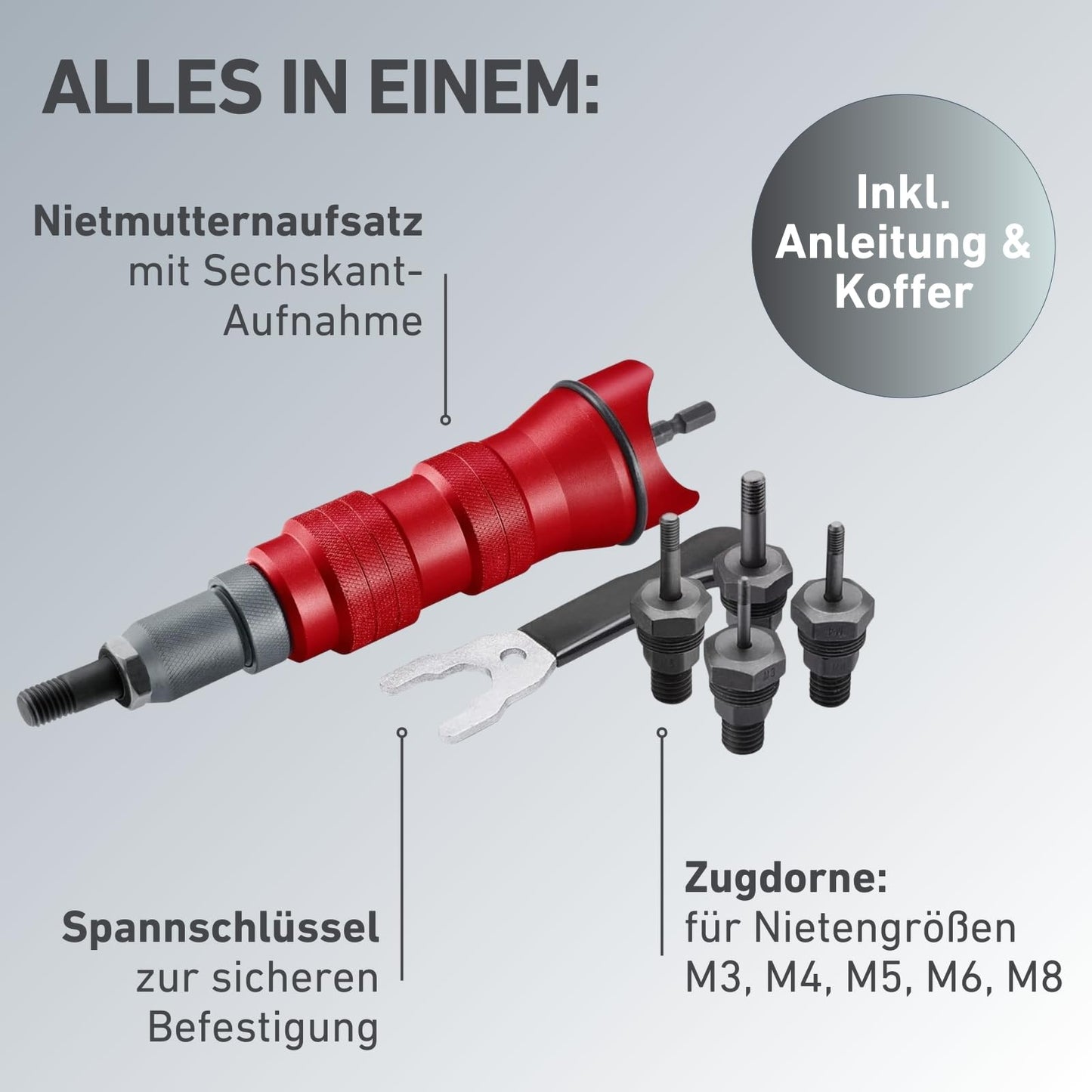 Fortum Rivet Nut Attachment for Cordless Screwdriver & Drill I Riveting tool for rivet nuts in aluminum, steel & stainless steel I Blind rivet attachment for M3-M8 nuts I Rivet gun adapter