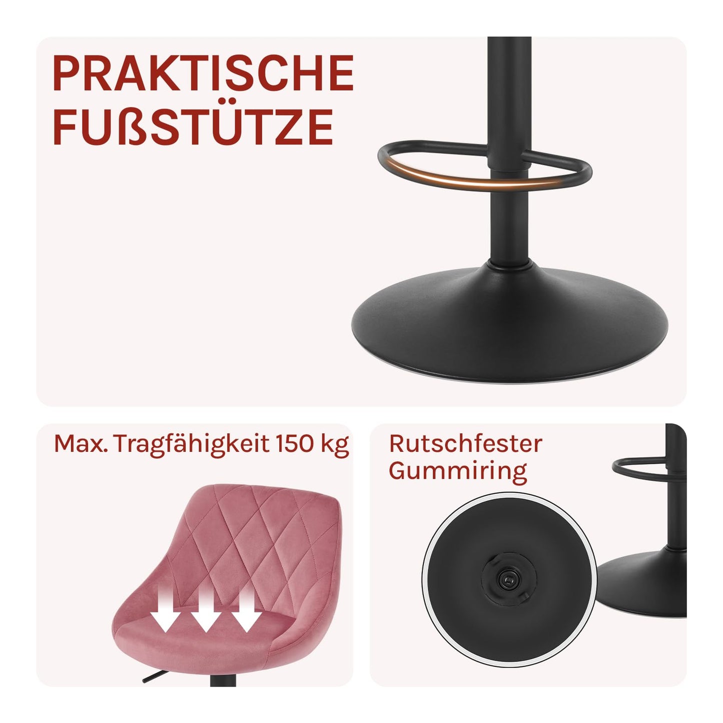 WOLTU Set of 2 Bar Stools, Bar Chairs with Backrest, Height Adjustable Swivel, Padded Velvet Seat, Non-Slip Metal Base, for Kitchen Home Bar, Pink