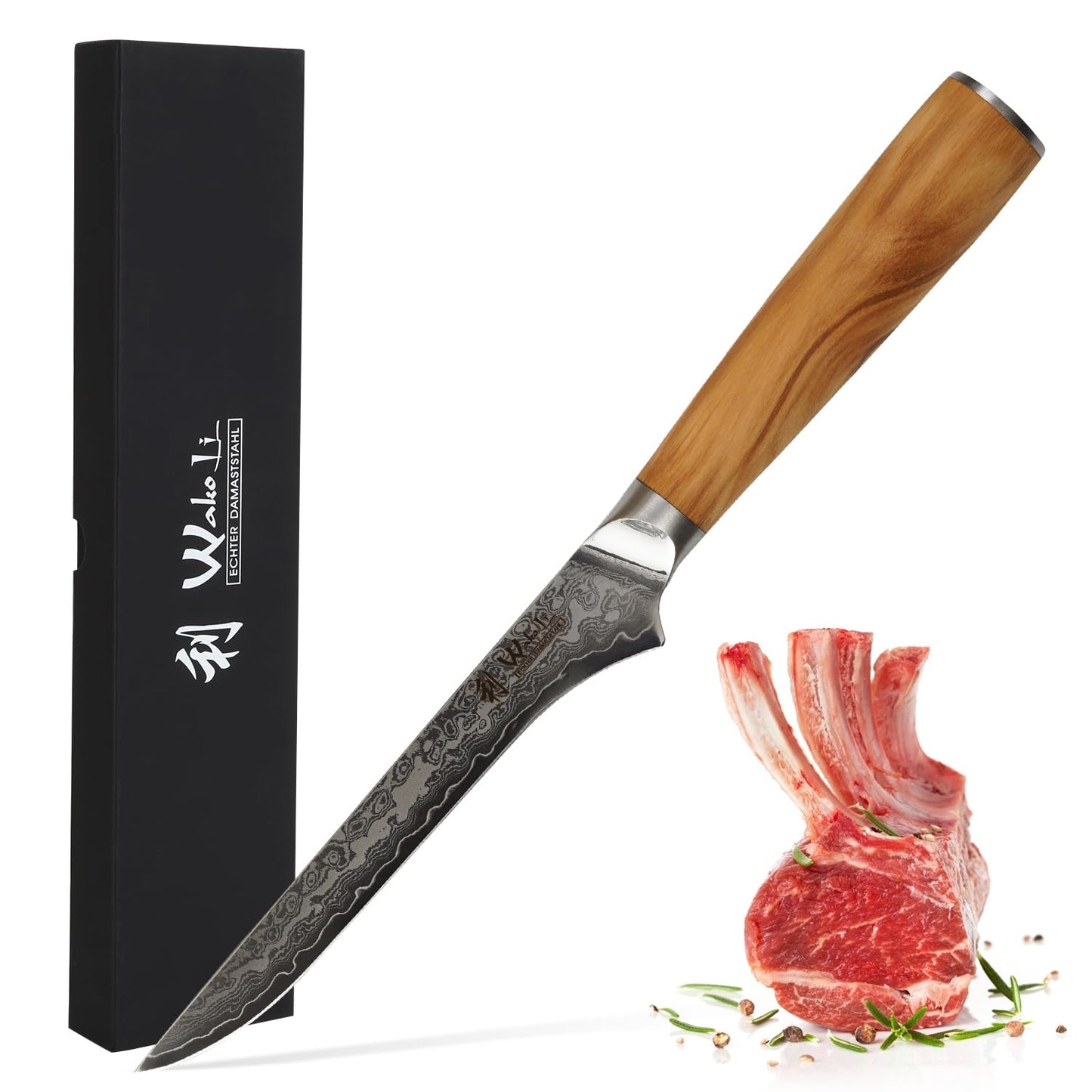 Wakoli Oribu fillet knife boning knife 14cm blade made of 67 layers of Damascus steel with AUS-10 core, olive wood handle, ergonomic, for meat and fish, professional kitchen knife gift box, sharp & durable.