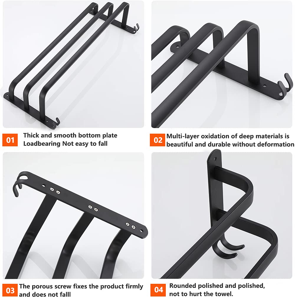 Towel holder, aluminum towel rack, wall mounted 3-tier towel bar with hooks 80CM Black Waterproof Rustproof towel holder for bathroom/kitchen/towel rack/shoe rack.