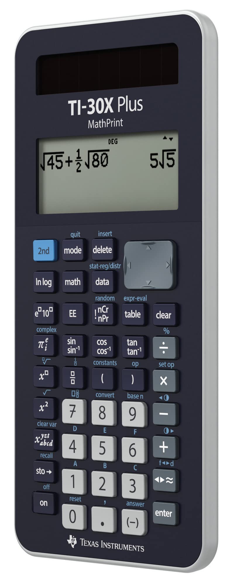 Texas Instruments TI-30X Plus MathPrint scientific calculator for middle and high school (4-line display, dark blue, solar and battery powered).