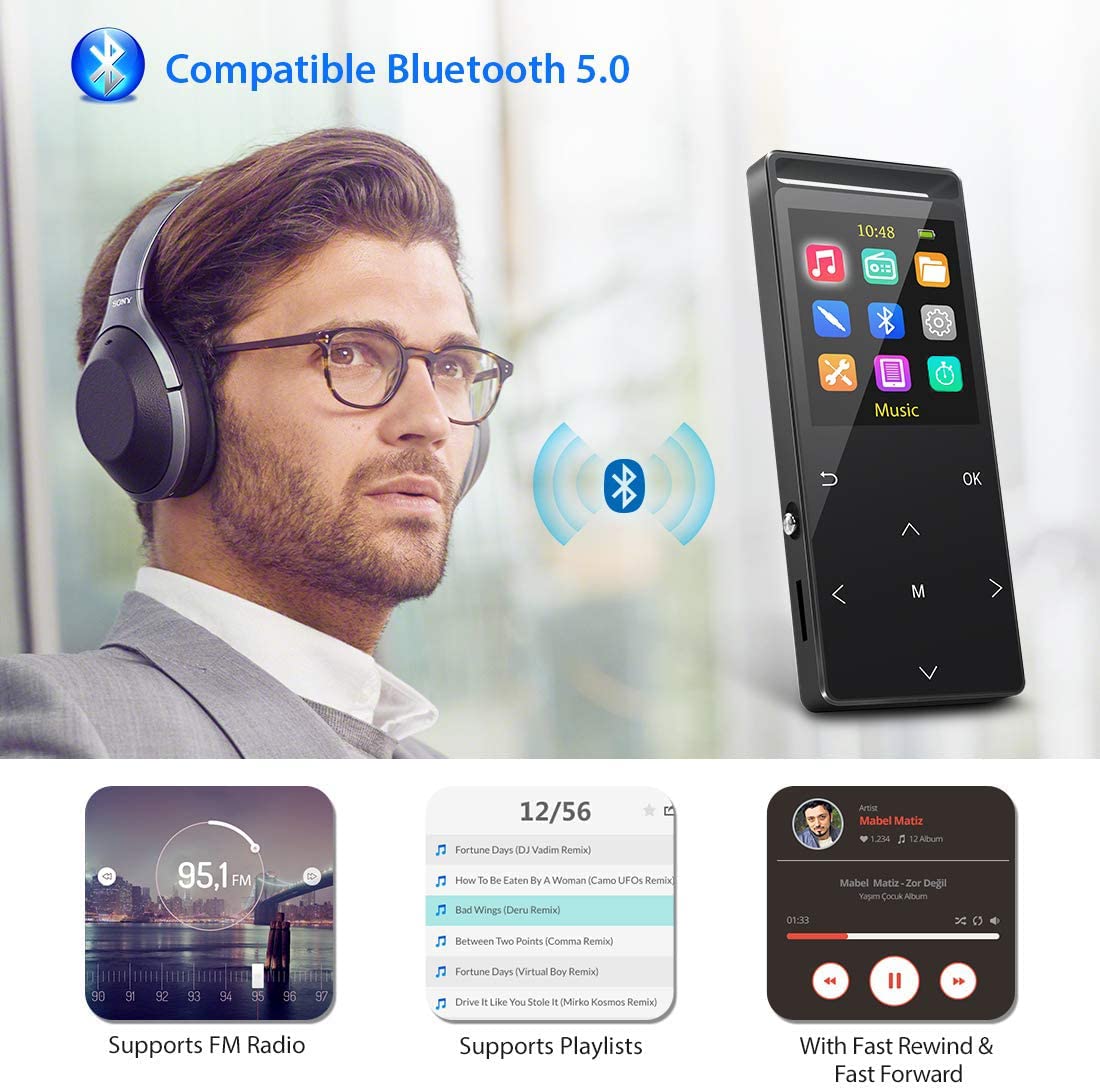 64GB MP3 Player, MUSRUN MP3 Player with Bluetooth Armband, HiFi, AUX recording, Sleep timer, FM radio, FM recording, Matte Black
