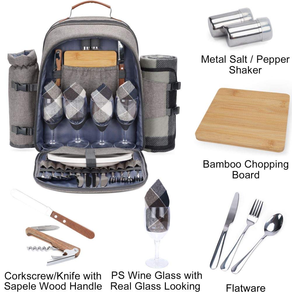HappyPicnic Insulated picnic backpack for 4 people with complete tableware, spacious cooler compartment, bottle holders, and large waterproof picnic blanket.