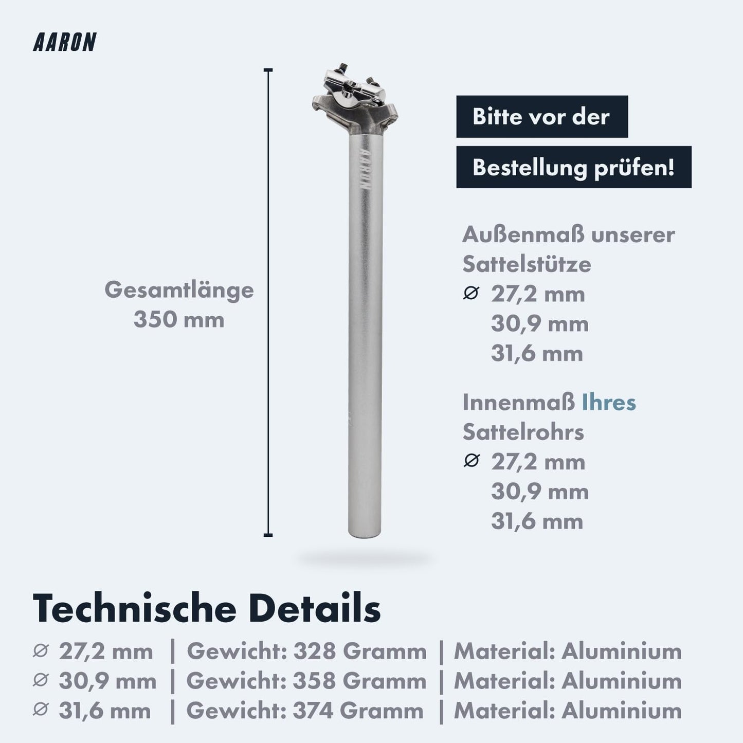 AARON Post seatpost with 30.9 mm diameter, aluminum seat tube with 350 mm length, suitable for city bikes, trekking bikes, touring bikes, and mountain bikes with scale in silver.