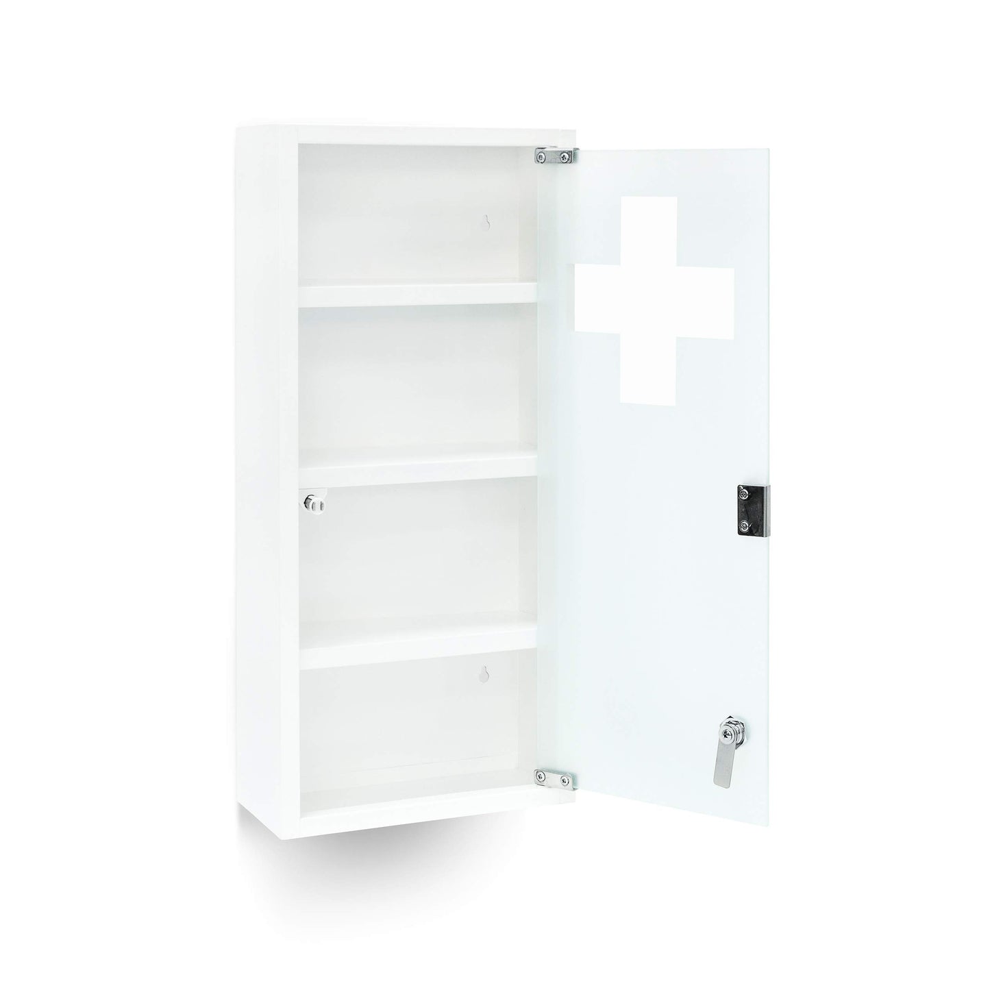 Relaxdays medicine cabinet EMERGENCY XXL Made of metal and glass Pharmaceutical cabinet for the bathroom HxWxD 57 x 27 x 12 cm with magnetic glass door 4 shelves for medication and bandages, white.