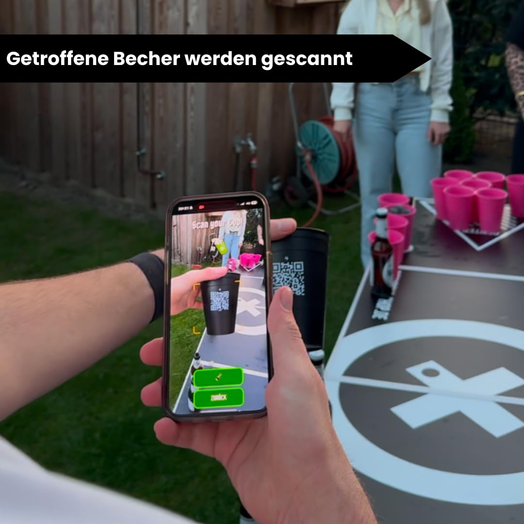 QR-Pong Interactive Beer Pong Set includes 20 hard plastic cups, 4 ping pong balls, in Black/Green/Pink.