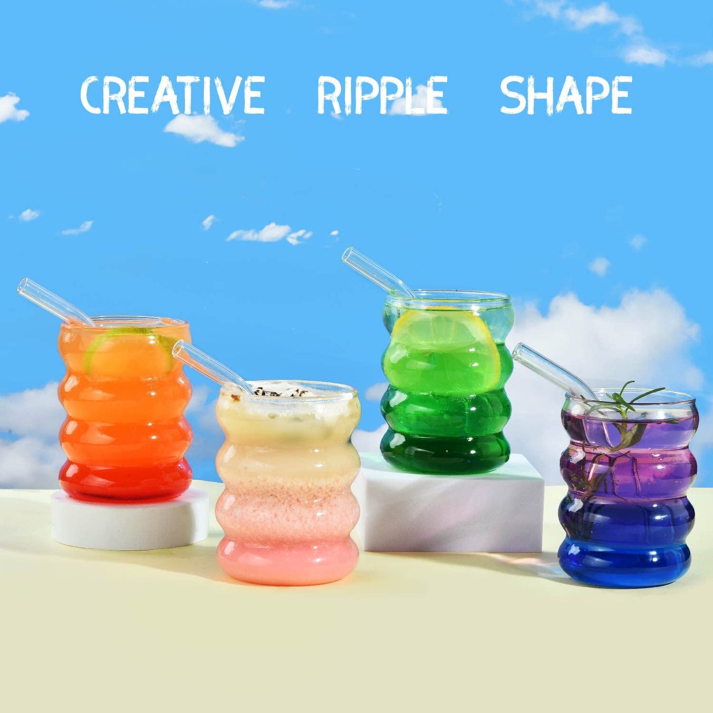 ALINK Ribbed Drinking Glasses with Glass Straws 4-Piece Set, 350ml Iced Coffee Glasses, Wave Glass Tumblers, Water Glasses, Long Drink Glasses, for Cocktails, Water, Soda, Gift with Brush.