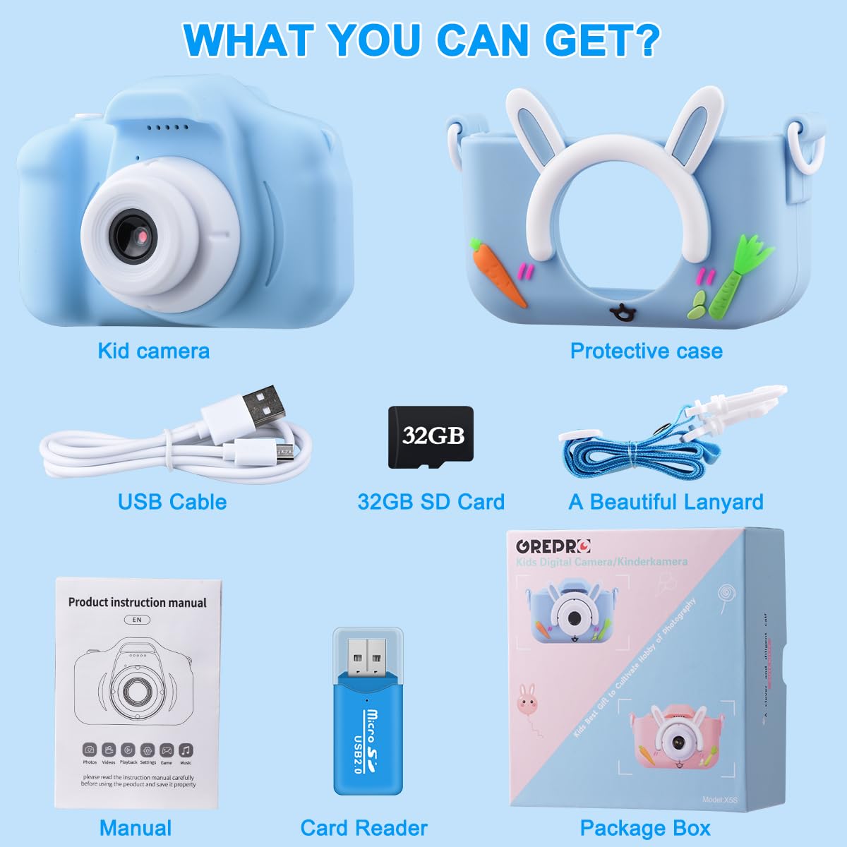 GREPRO kids Camera, 2.0” Display Digital Camera Gifts for 3 4 5 6 8 7 9 Year Old Boys and Girls, 1080P HD Anti-Drop Children's Camera for Christmas Toy Blue