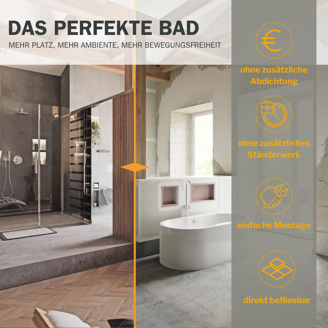 slotfix® tileable ready-to-install wall niche 60x30x10cm as a shower shelf in drywall provides more storage space in bathroom & Co. Exclusive storage with center divider.