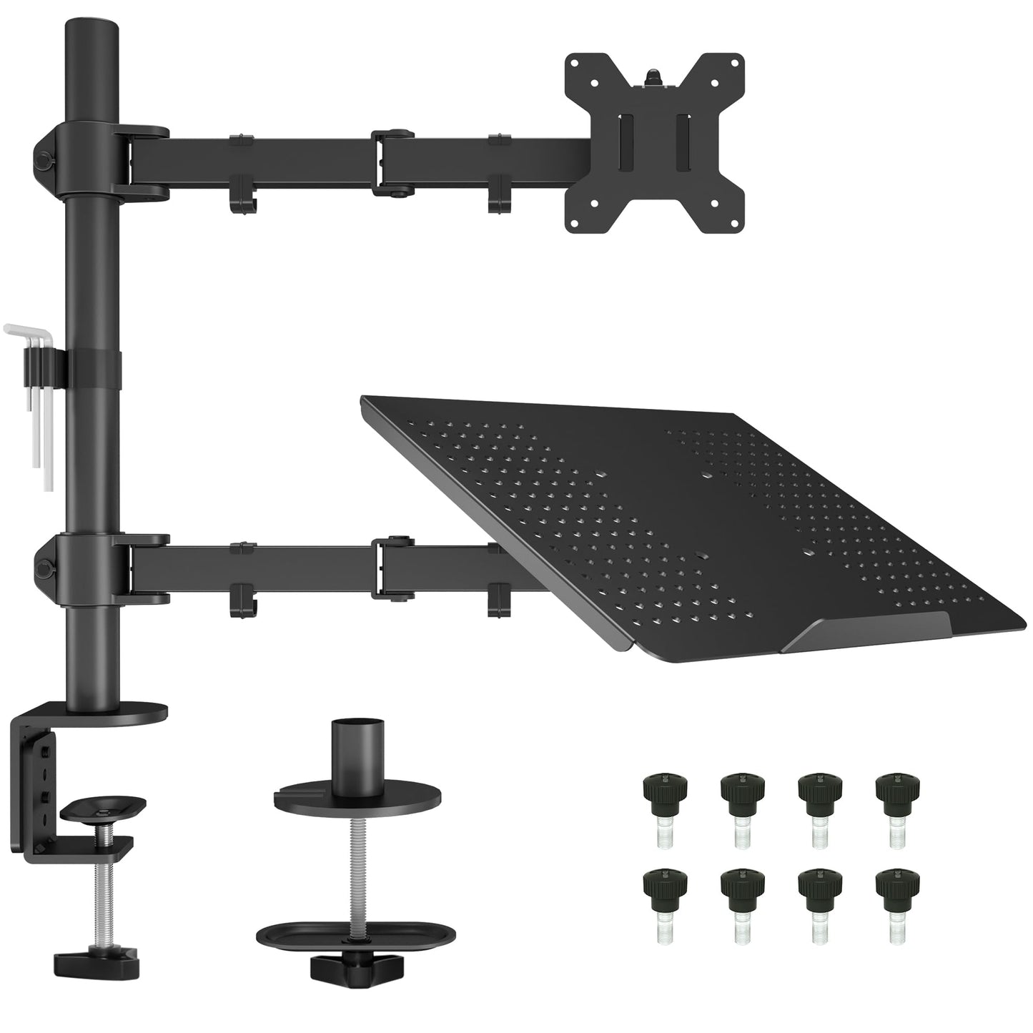BONTEC Monitor Stand with Laptop Arm for 13-32 inch LCD LED Screen up to 15.6" Notebook, Tilt, Swivel, Monitor Laptop Mount Desk with Clamp, VESA 75x75-100x100mm.