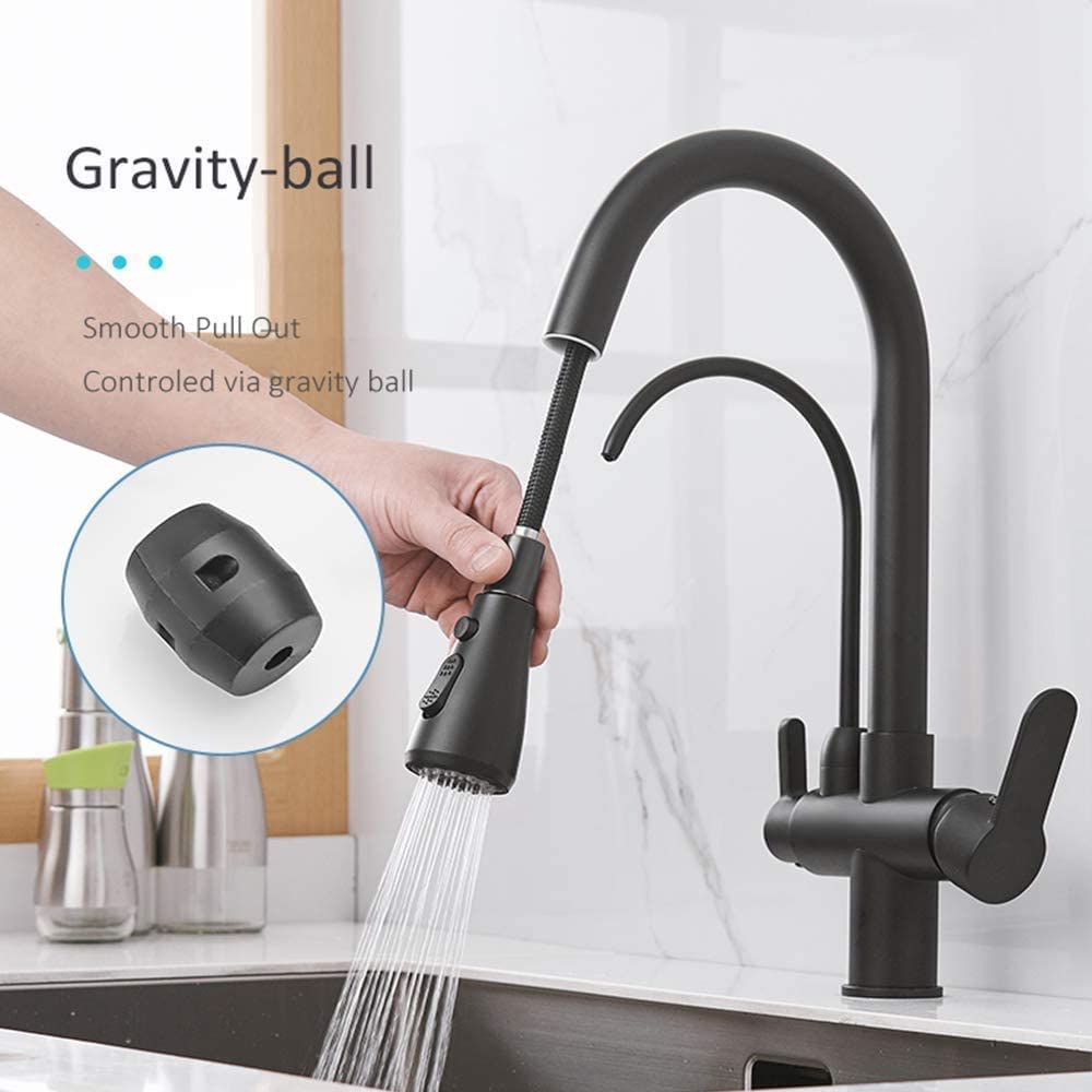 Onyzpily kitchen faucet Pure water High arc High pressure Kitchen tap with pull-out sprayer Extendable tap and 360° swivel Two spray functions Stainless steel Black