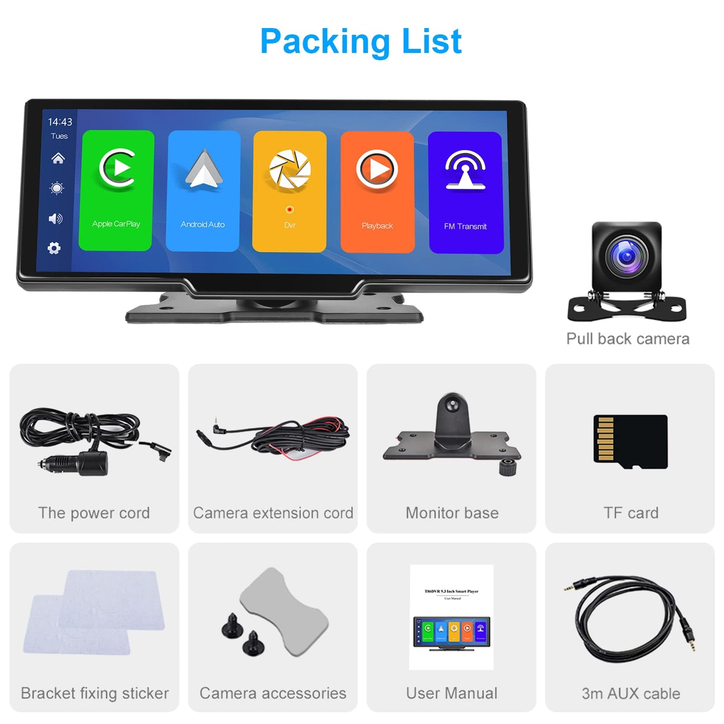 Podofo Wireless Apple Carplay Android Auto Portable Car Radio, 9.3-inch HD touchscreen car radio for cars/SUVs/vans/pickups and trucks, dash cam & rearview camera & 64G TF card.