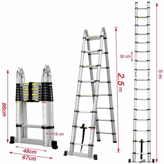5m telescopic ladder, aluminum, 150kg capacity, EN131 certified. Folding attic ladder with non-slip rubber feet.