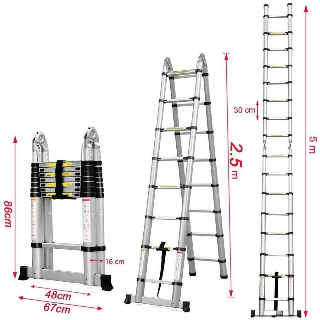 5m multi-purpose ladder, telescopic ladder, foldable aluminum ladder, extendable, maximum load capacity 150 kg (2.5m + 2.5m)