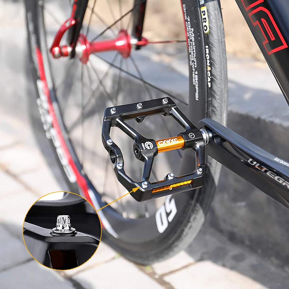 CXWXC Bike Pedals With Reflectors - MTB Aluminum Alloy Pedal Set, 9/16 Cube Pedals for Mountain Bike, Road Bike (Gold)