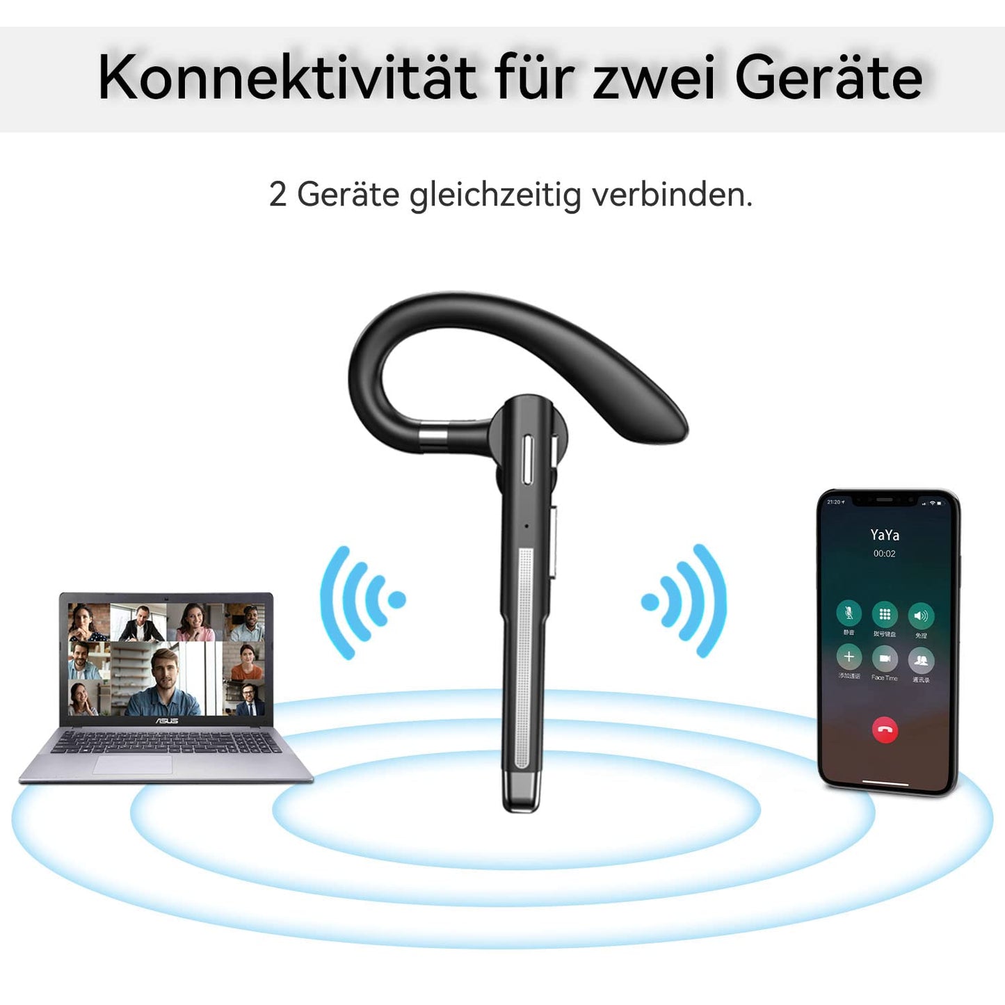 Bluetooth headset with microphone, V6.1 in-ear hands-free mobile wireless headphones with LED charging case for driving/business/office, IPX7 waterproof, compatible with iPhone Android smartphones and tablets.