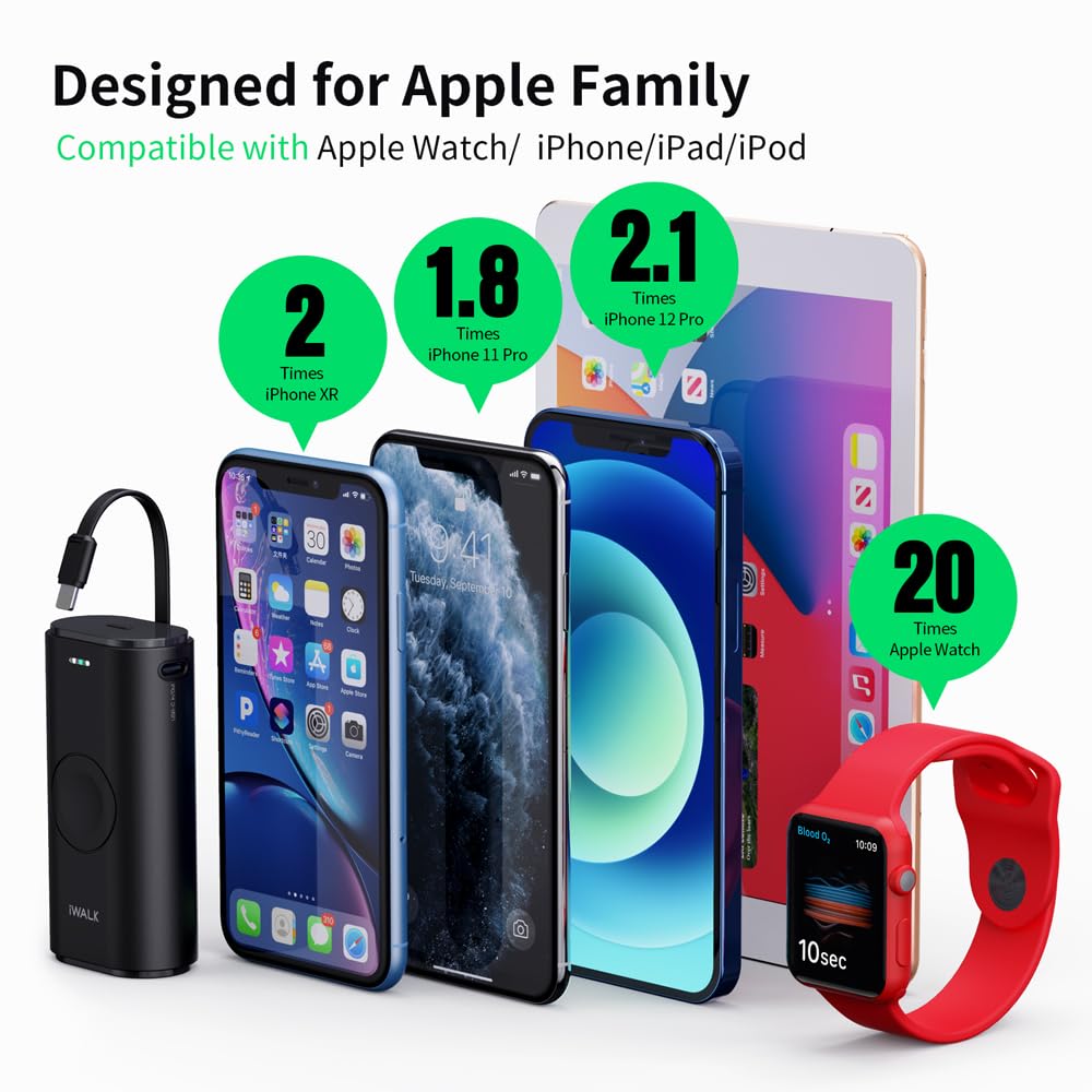 iWALK Apple Watch charging station, 3 in 1 portable charger for iPhone, 9000mAh power bank with cable for iPhone 14/13/12/11, USB-C charging port, compatible with iPhone 13/12/11/XS/XR/X/8/7/6.