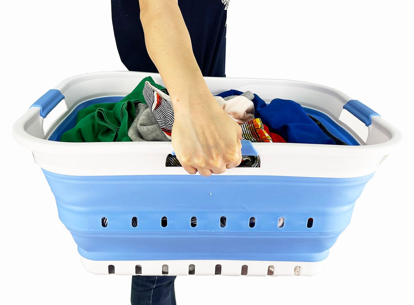 SAMMART 42L Plastic Foldable Laundry Basket - Foldable Pop-Up Storage Container/Organizer - Portable Laundry Hamper - Space-saving (1, White/Little Boy Blue)