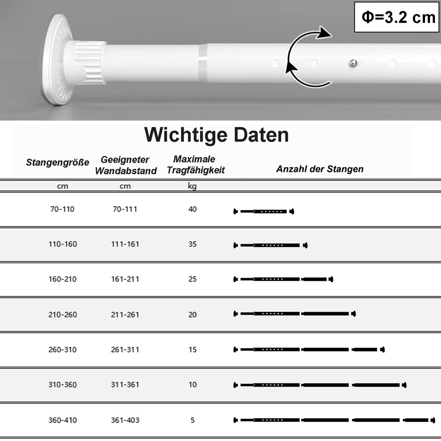 Oxdigi telescopic rod without drilling shower curtain rod 261-311 cm stainless steel Extendable curtain rod for clamping Rust-proof Extra long curtain rod for windows bathrooms balconies laundry room, white