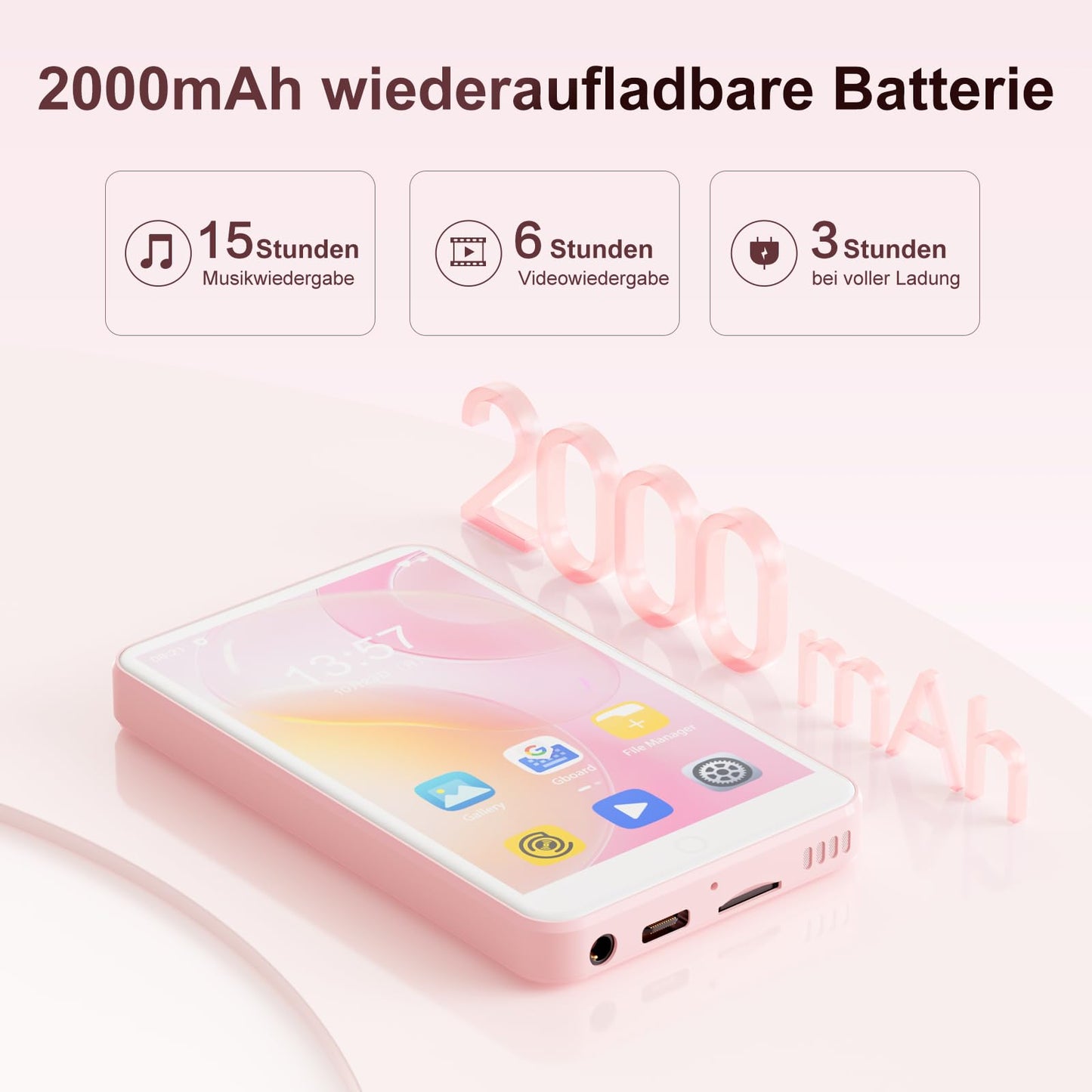 80GB MP3 player with Bluetooth and WLAN, MP3 & MP4 music player, Oilsky 4 inch 1080P touchscreen video player, portable Android Spotify player with Play Store app (Pink)