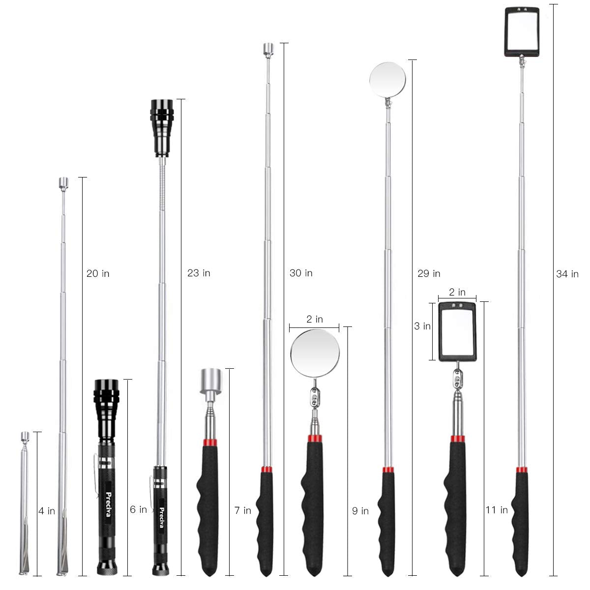 Preciva 5-piece magnetic telescopic retrieval tool set with 15 pound and 1 pound retrieval rods, round and square 360-degree rotating adjustable inspection mirror, and telescoping rod.