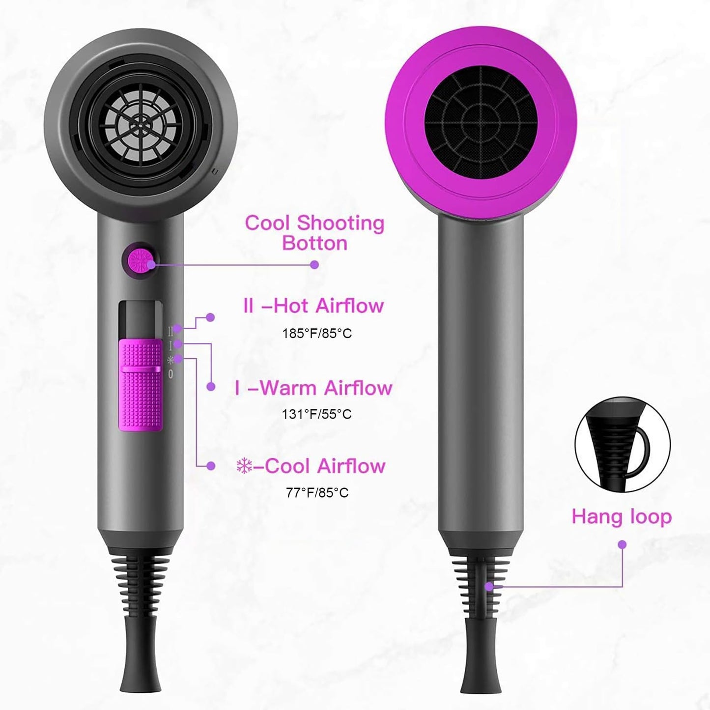Ions Hair Dryer AC Motor 1800W, slopehill Quick Dry Hair Dryer, Salon Hairdryer with Hot/Cold Button, 3 Dryer Concentrators and Diffuser, 3 Heat Settings, 2 Speeds (Purple)