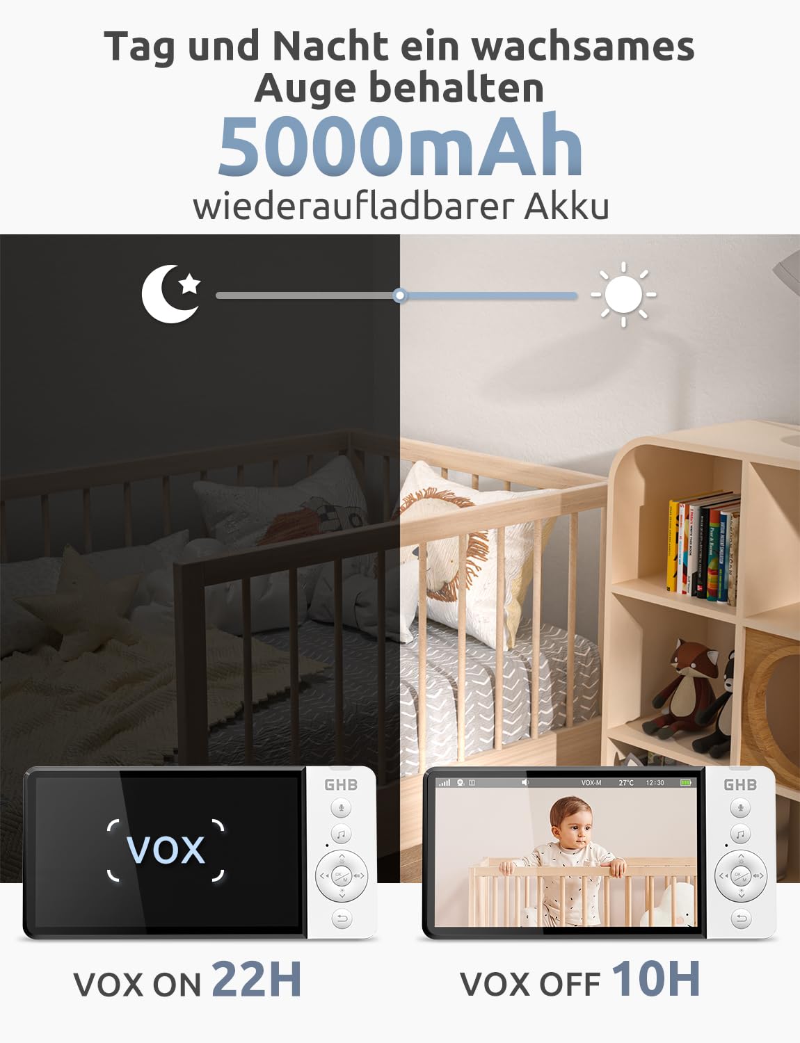 GHB baby monitor with camera 5 inch 720P HD 5000mAh IPS display VOX mode digital zoom night vision two-way talk temperature display ABM700