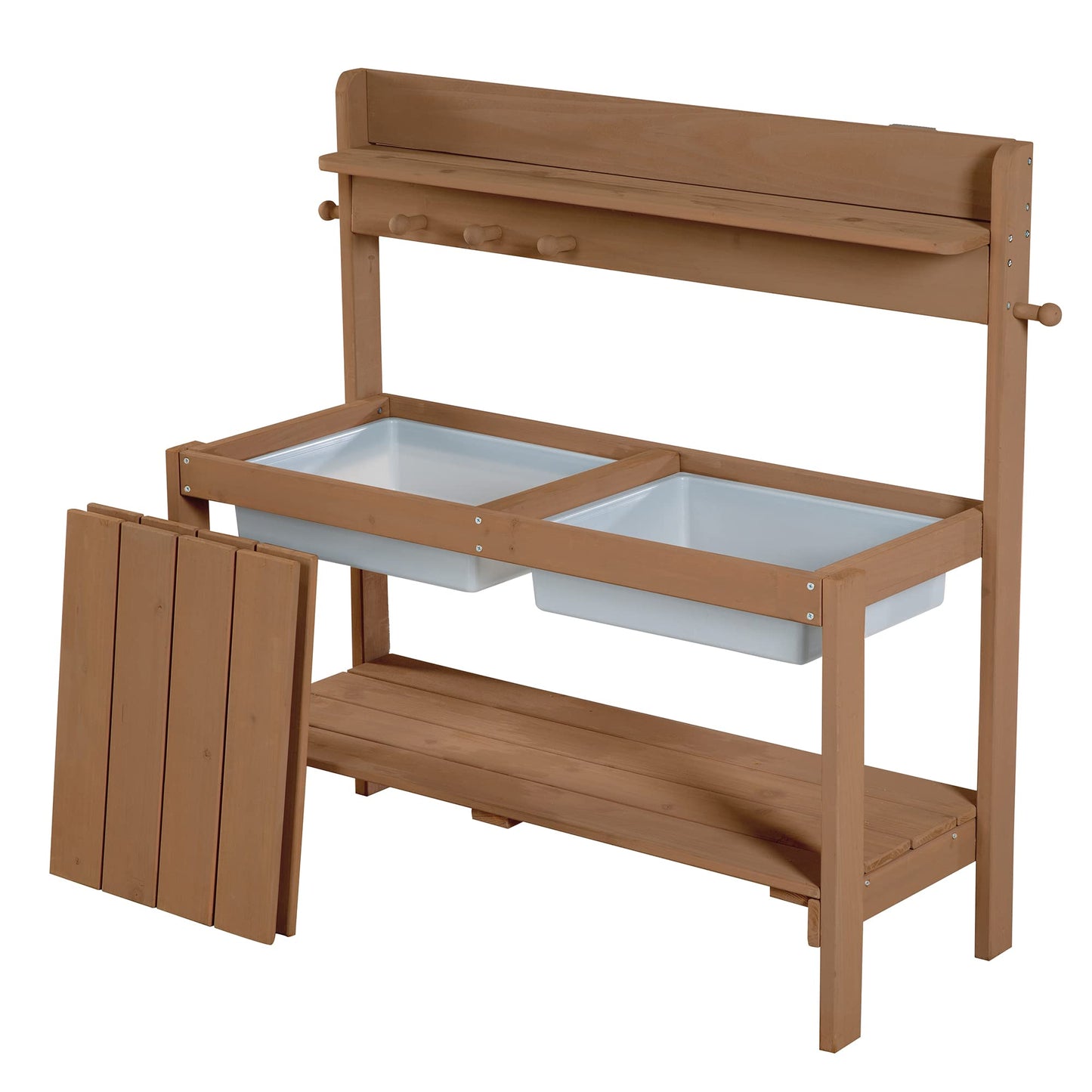Roba Kids Outdoor Garden Kitchen Fun -Wooden Mud Kitchen with Removable Cover - 2 Plastic Tubs & Shelf - Weatherproof Work Table/Outdoor Play Kitchen - Teak, 1 Piece (1 Pack)