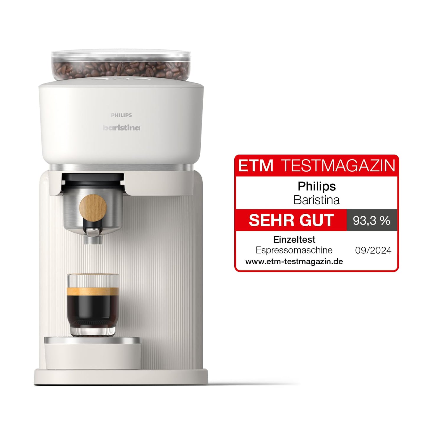 Philips Baristina Espresso Machine - Real Espresso, made simple. Compact coffee machine, natural white with ash wood portafilter, 16-bar pump pressure, automatic grinder, Cafe Crema (BAR302/20)