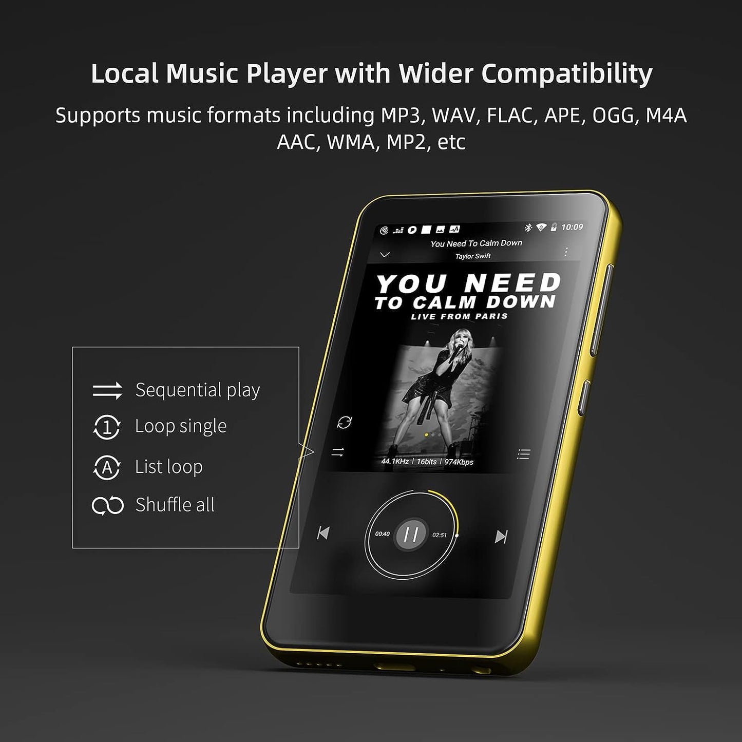 Innoasis MP3 player with Bluetooth and Wi-Fi, full touchscreen, 10.2 cm, MP4 player, MP3 player with Spotify, HiFi sound, portable digital audio player with speaker (Gold/Black)