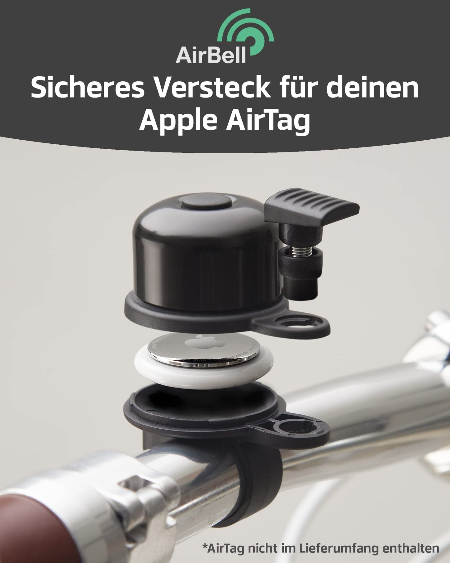 AIRBELL bicycle bell for Apple AirTag 31.8 mm diameter - bell mount hidden - bicycle anti-theft device - includes tool