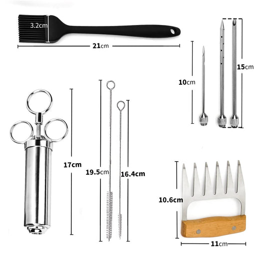 Pulled Pork set including meat injector, stainless steel baster 60ml marinade injector 1 marinade brush 3 needles 1 pair of meat claws - meat injector with Pulled Pork set for BBQ grill meat beef