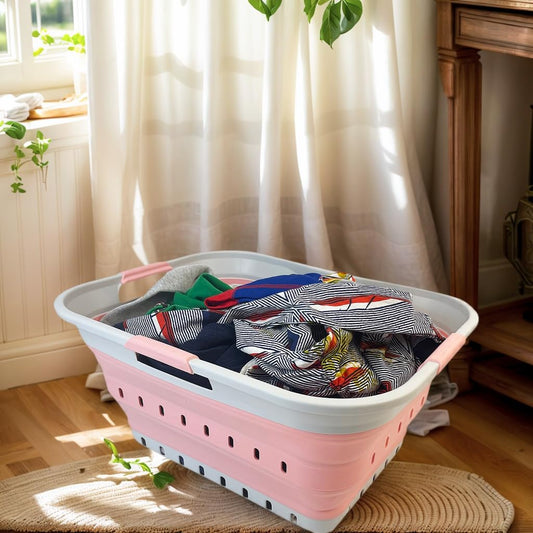 SAMMART 42L Plastic Foldable Laundry Basket - Foldable Pop-Up Storage Container/Organizer - Portable laundry hamper - space-saving (1, Gray/Quartz Pink)