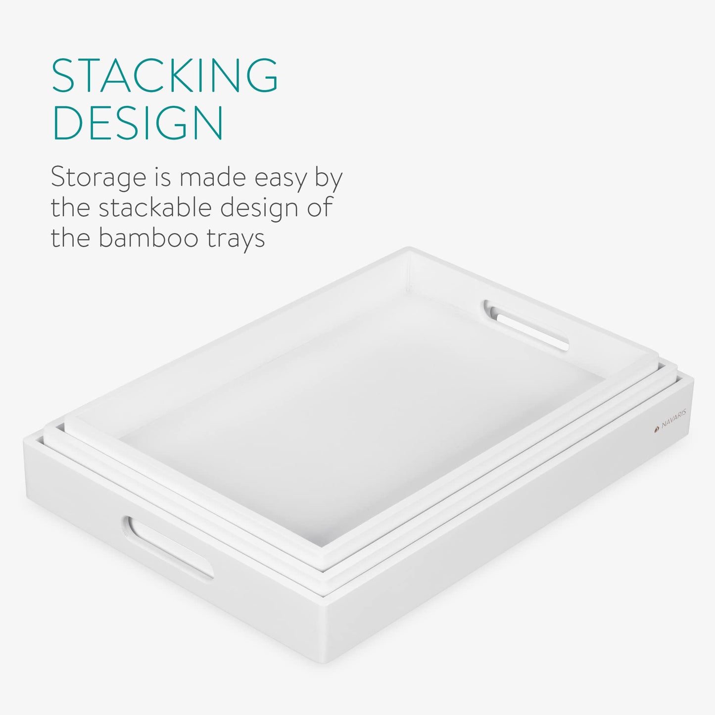 Navaris Bamboo Serving Tray - Set of 3 stacking serving trays in rectangular shape for snacks, appetizers, coffee, and drinks.