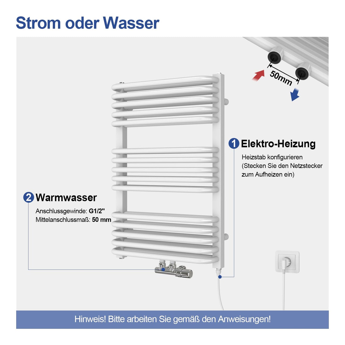 Meykoers electric towel radiator with heating element, 736 x 500mm white. Central connection for electricity and water. Bathroom heater towel dryer towel warmer.