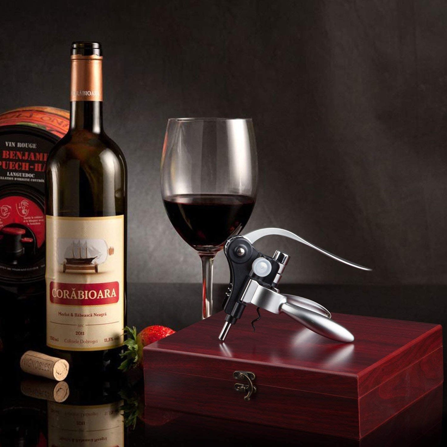 Corkscrew Wine Set: wine opener set with gift box, foil cutter, and bottle opener. Includes corkscrew, drip ring, wine stopper. Screwpull wine opener accessory gift set for men.
