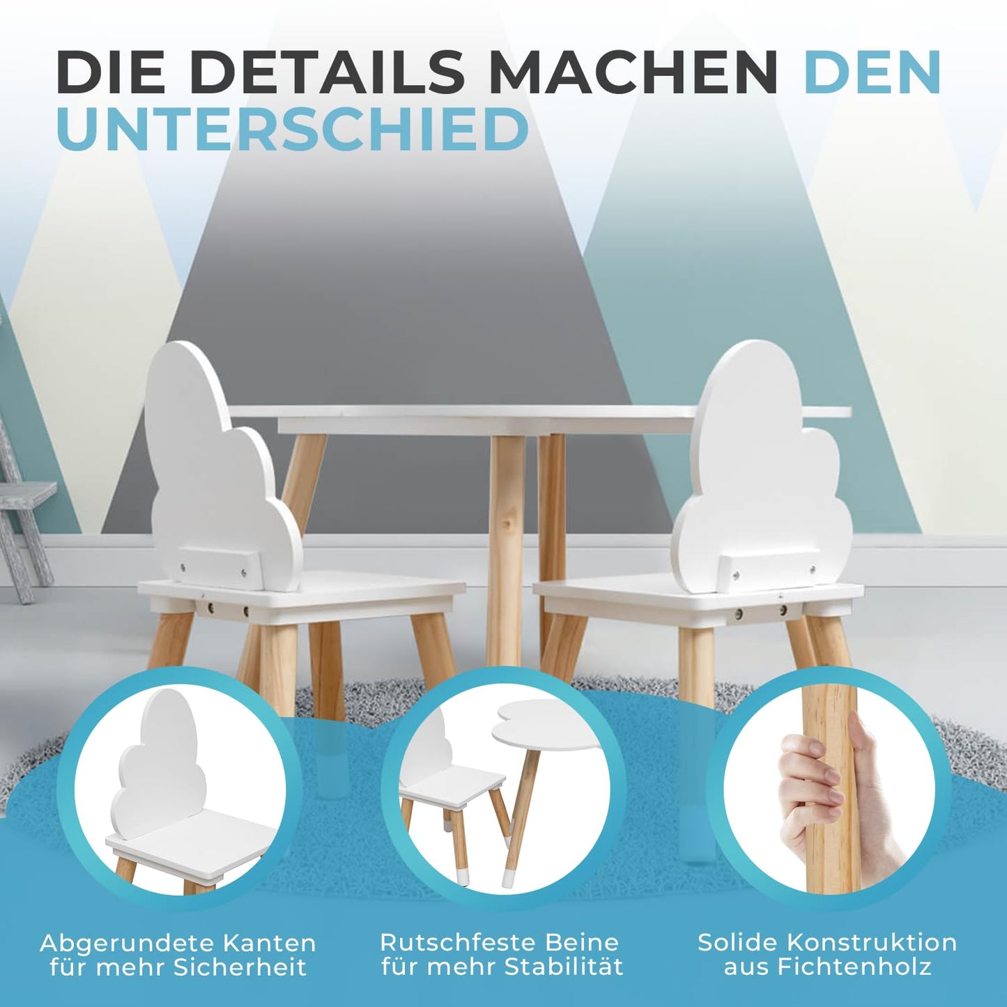 Rebecca Mobili Children's Table and Chairs Set, Chairs and Table for Kids' Room Furniture Light Brown White, MDF, Nordic Style - Size: 44 x 60 x 60 cm / 50 x 25 x 25 cm - Art. RE6733