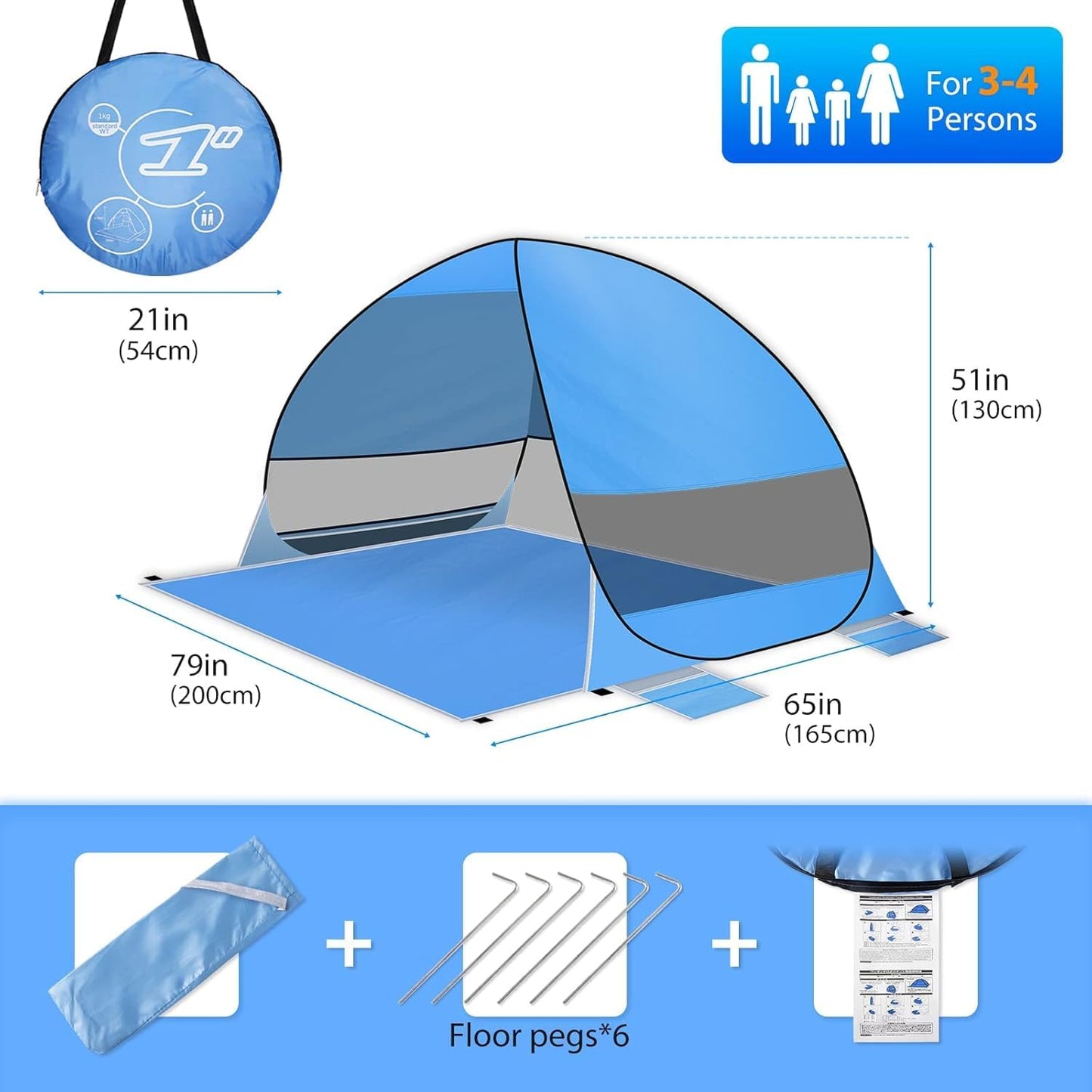 Beach tent Pop Up, Portable Extra Light Automatic Sun Shelter UPF 50+ for 3-4 people Family Sunshade Beach Camping, Hiking, Garden.