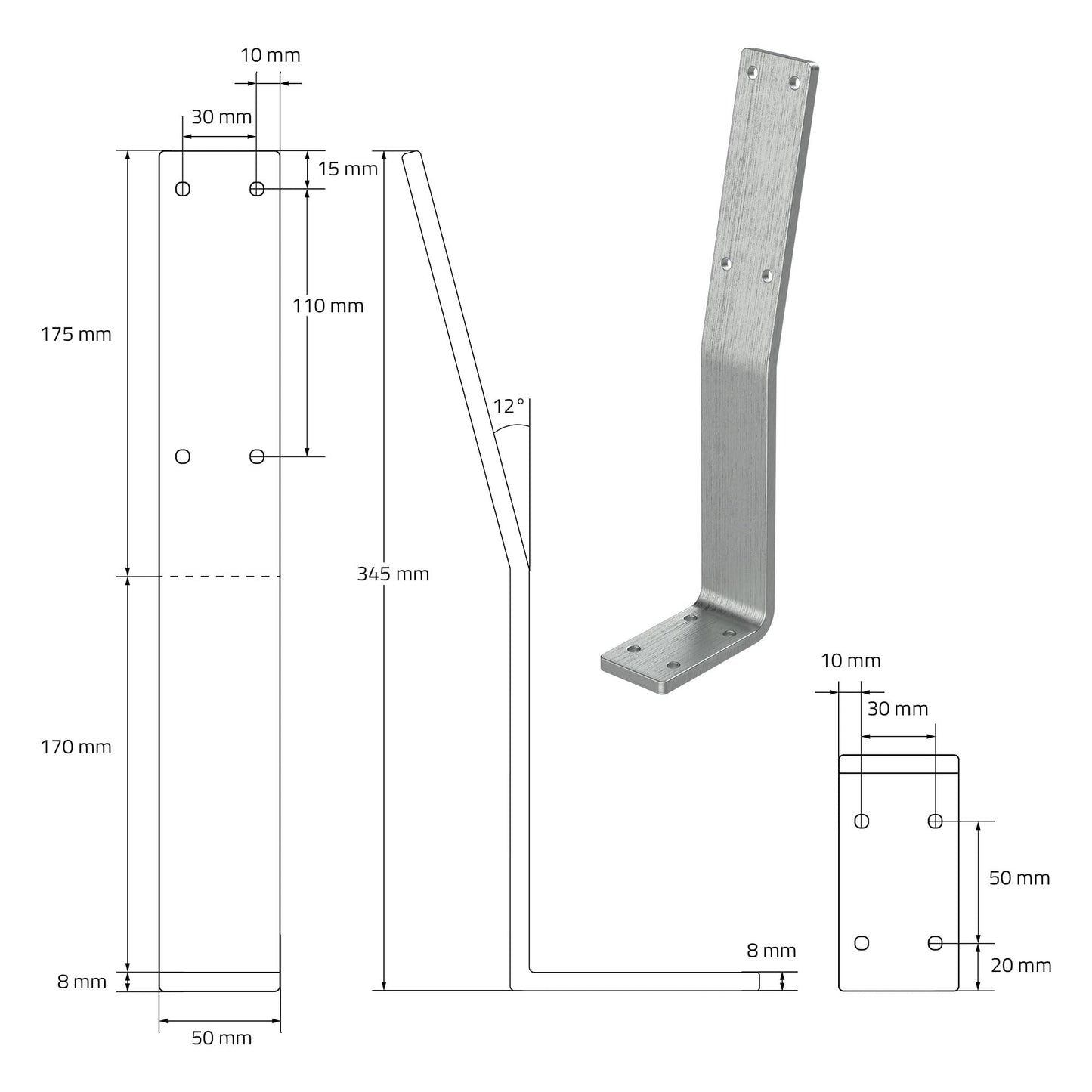 ML-Design 2 Piece Backrest Bracket, Silver, made of stainless steel, 345x90x50 mm, bench backrest, bench back, backrest for screwing, metal backrest bracket profile for seat benches, beds, chairs.
