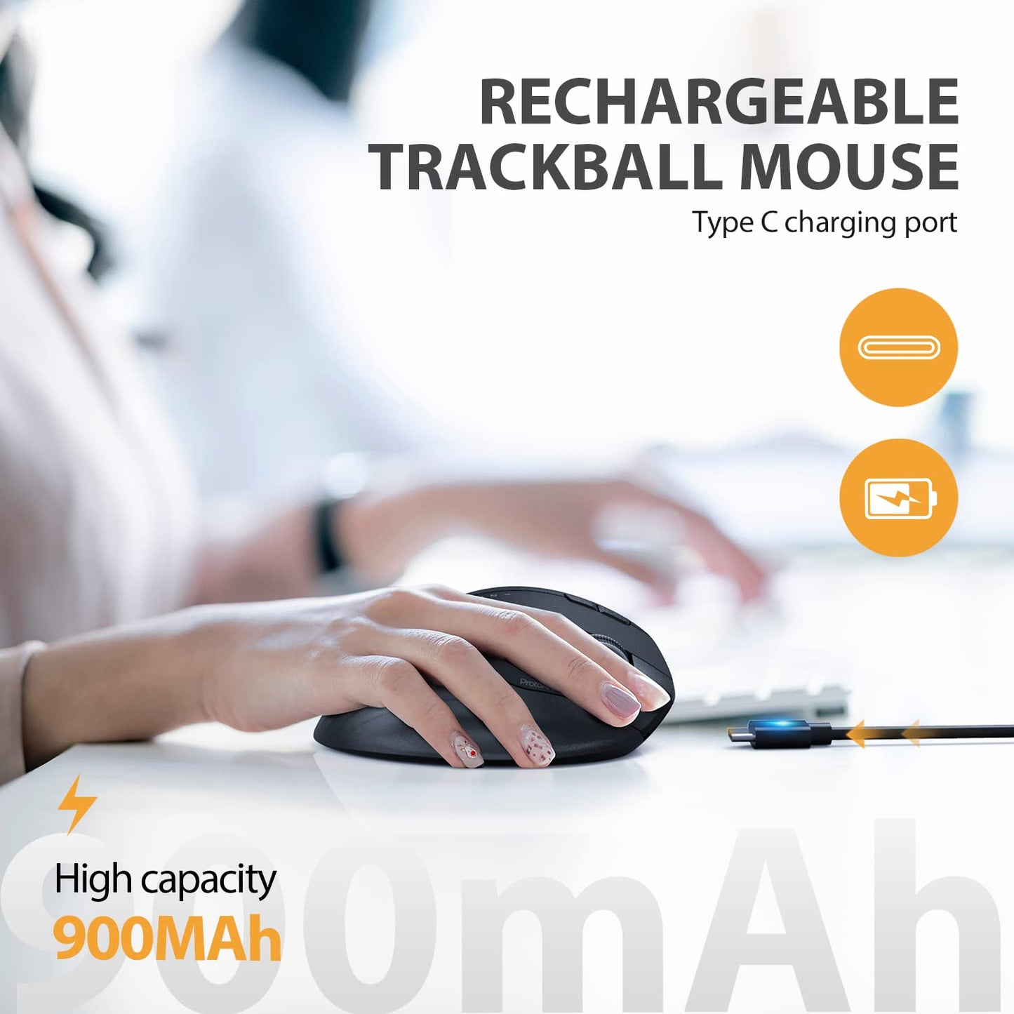 ProtoArc EM01 Bluetooth trackball mouse wireless, RGB 2.4GHz rechargeable ergonomic mouse, 5 adjustable DPI, thumb control, adjustable angle, for PC, iPad, Mac, Windows