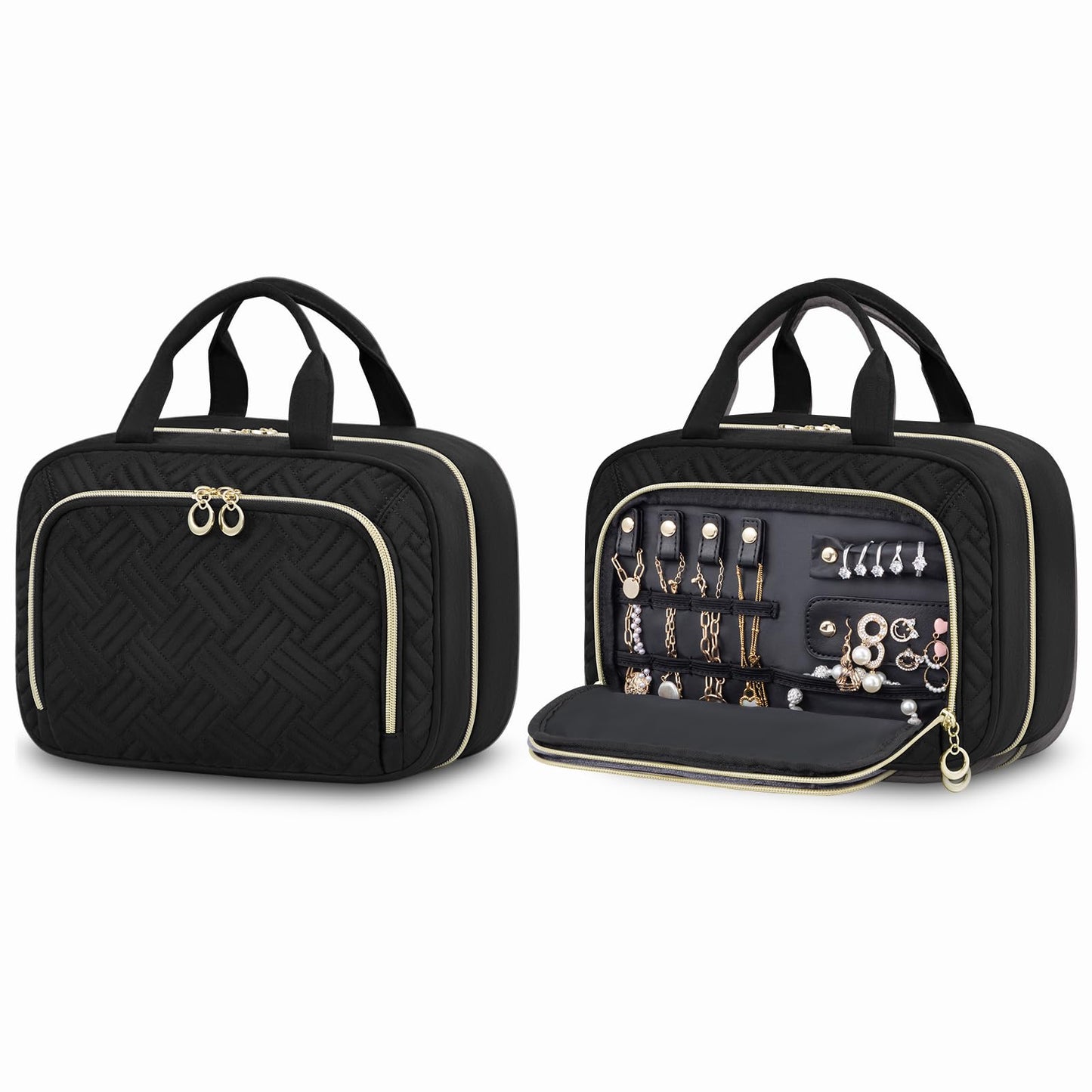 LOVEVOOK culture bag for women with separate jewelry compartment, waterproof hanging toiletry bag, foldable wash bag cosmetic bag large with 360° swivel hook, wash bag for women black