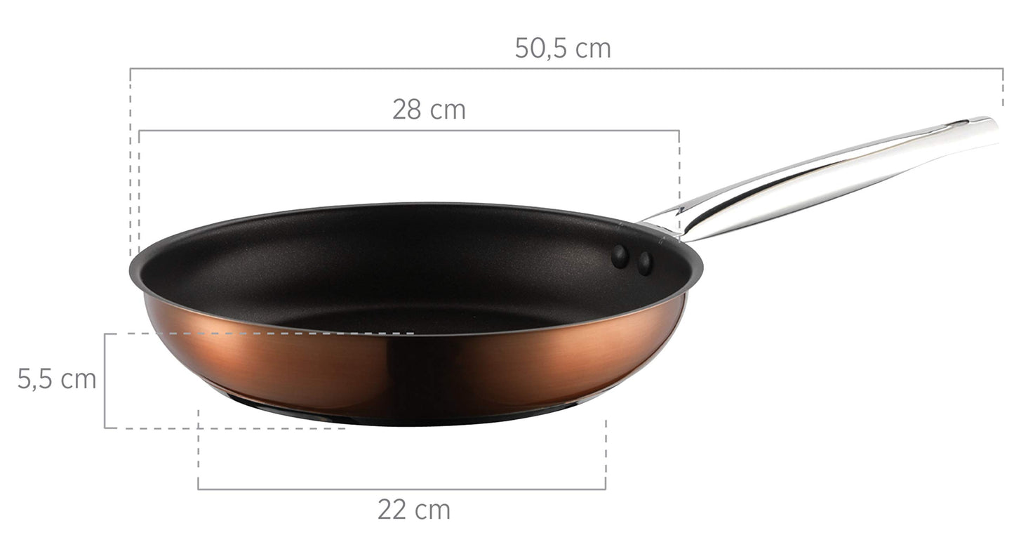 Mäser 926757 Asterion, copper-colored cookware set with modern design, 4 pots, 1 non-stick pan, and 3 glass lids. Suitable for all stovetops, including induction. Made of stainless steel and glass.