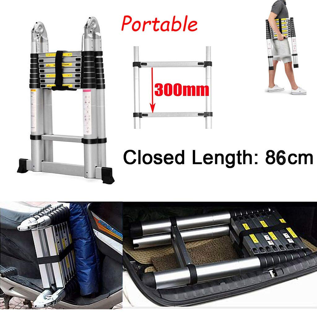 5M telescopic ladder Aluminum ladder Extendable folding ladder 2.5M + 2.5M Telescopic ladder with stabilizer, High multi-purpose ladder, 150 kg capacity