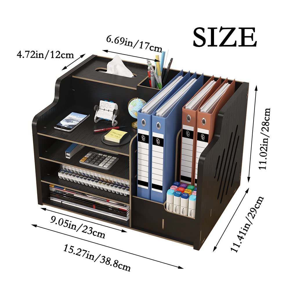 Wooden desktop organizer, large capacity, tidy storage holder, DIY office supplies, storage box for A4 papers, documents, and notebooks (JB07 Black).