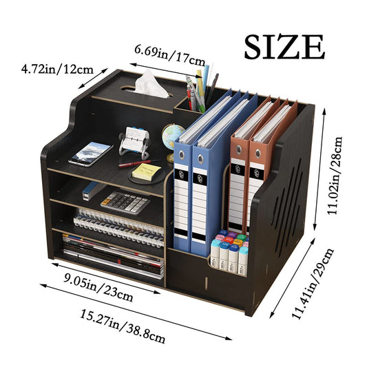 Wooden desktop organizer, large capacity, tidy storage holder, DIY office supplies, storage box for A4 papers, documents, and notebooks (JB07 Black).