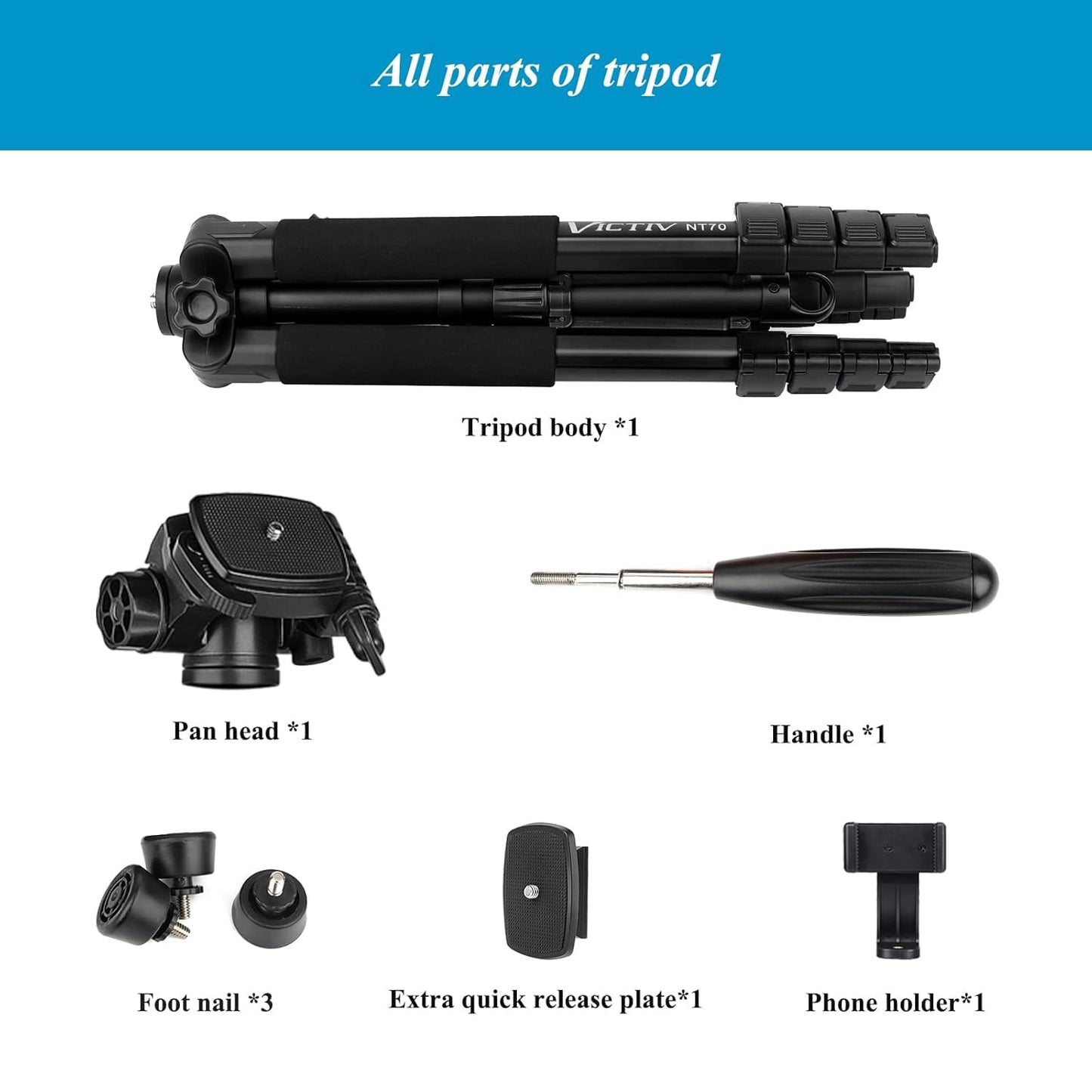 Victiv Camera Tripod with 52–160-185cm height, lightweight tripod with detachable 3-way head, aluminum camera stand for DSLR Canon Nikon Sony, tripod for smartphone with phone holder.