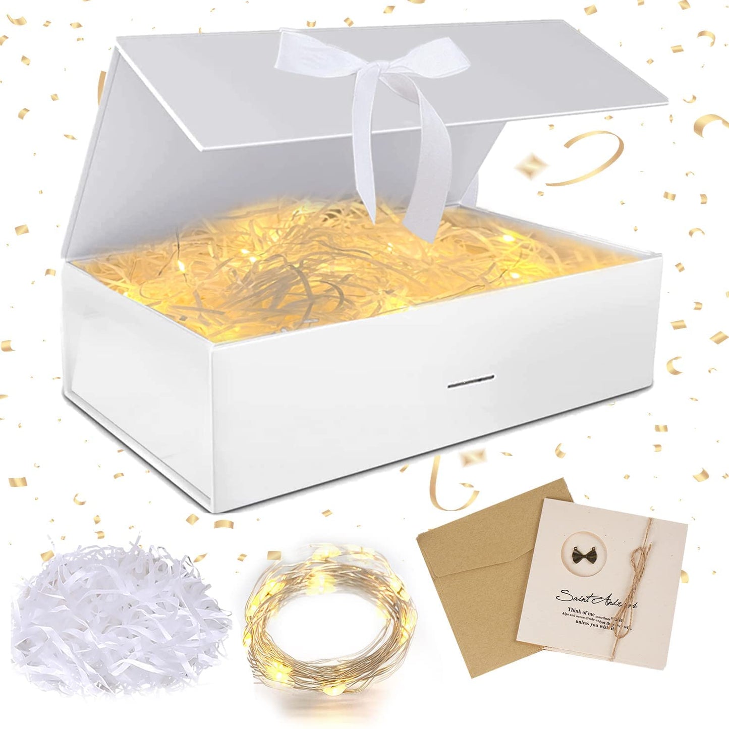 Gift box with lid, gift box with ribbon, foldable gift box, gift box with magnets, gift box set, greeting cards, raffia hamper shreds, LED fairy lights, for wedding, birthday, Christmas.